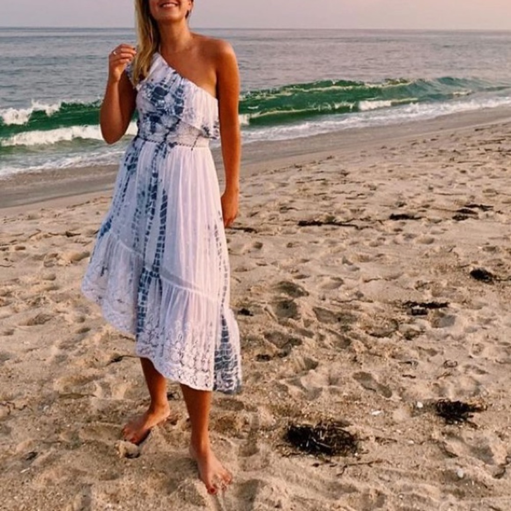 LoveShackFancy One-Shoulder White and Navy Tie-Dye Midi Dress